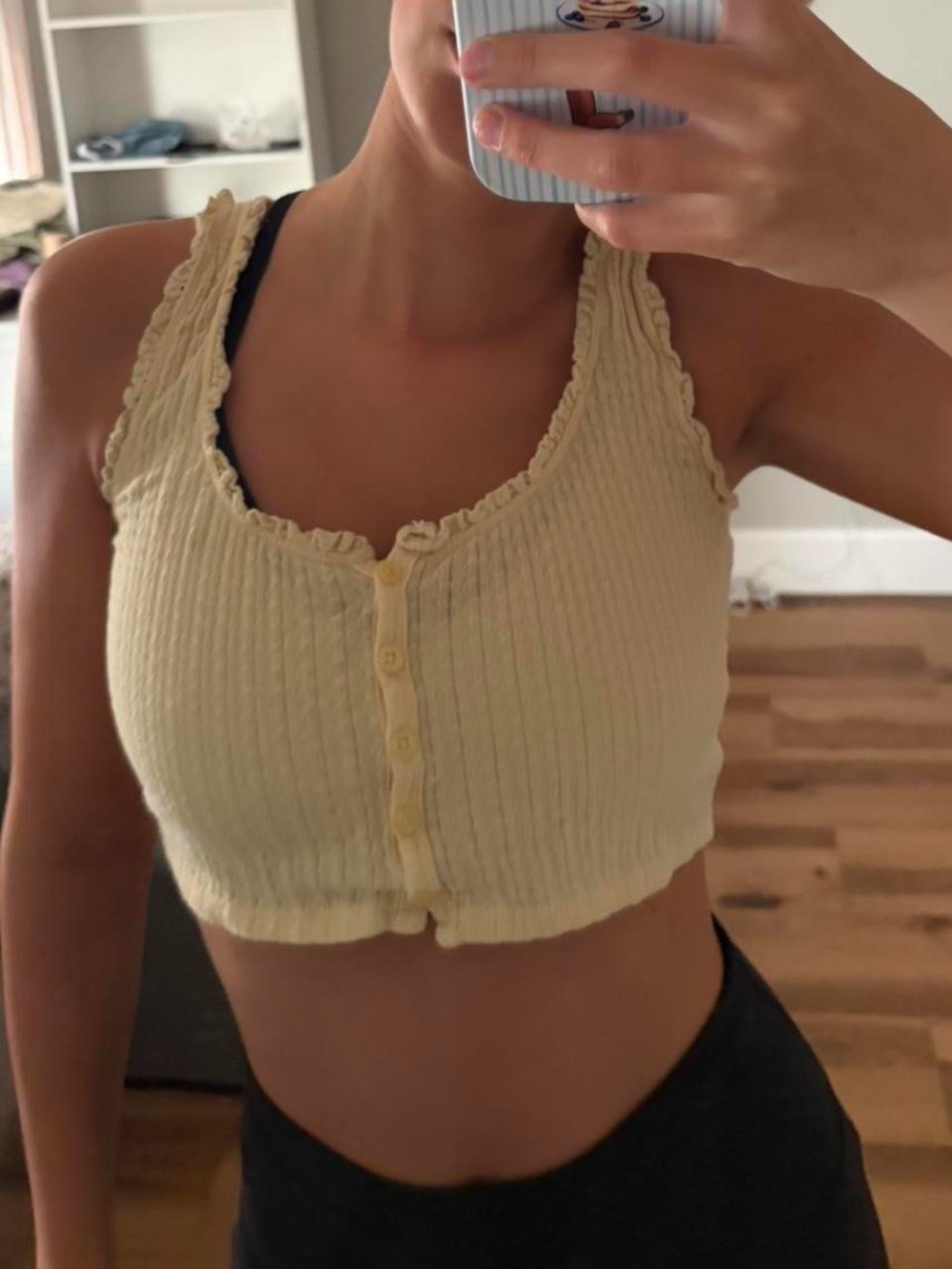 Urban Outfitters Pale Yellow Ribbed Button-Front Cropped Tank